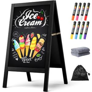 Chezerra A Frame Chalkboard Sign, 40"x20" Extra Large Sidewalk Chalk Board, Wooden Standing ChalkBoards Set with Markers, Double-Sided Magnetic Blackboard for Cafs, Weddings, Party Guide, Black