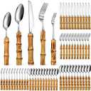 Eboot Bamboo Silverware Set 18/8 Stainless Steel Tableware Set Natural Utensil Flatware Kit Spoon Fork Knives Bamboo Handle Cutlery for Kitchen Wedding Home Restaurant Party(Silver,60 Pieces)