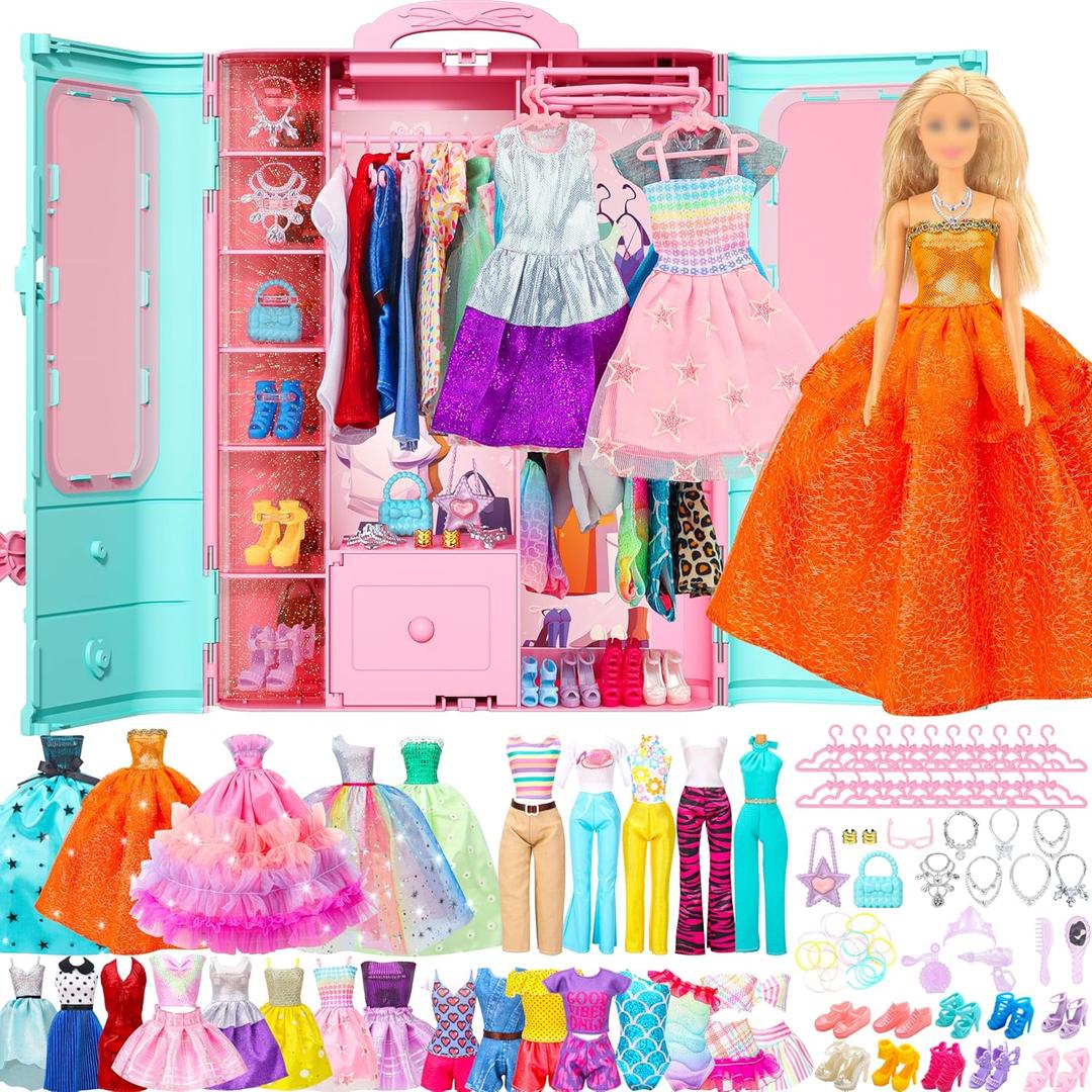 70 Pcs Doll Closet with Clothes & Accessories Including 2 Wedding Gowns 6 Fashion Dresses 2 Casual Outfits 2 Swimsuit 10 Shoes 20 Hangers 27 Accessories, Dress up Toys for Girls Kids Gifts