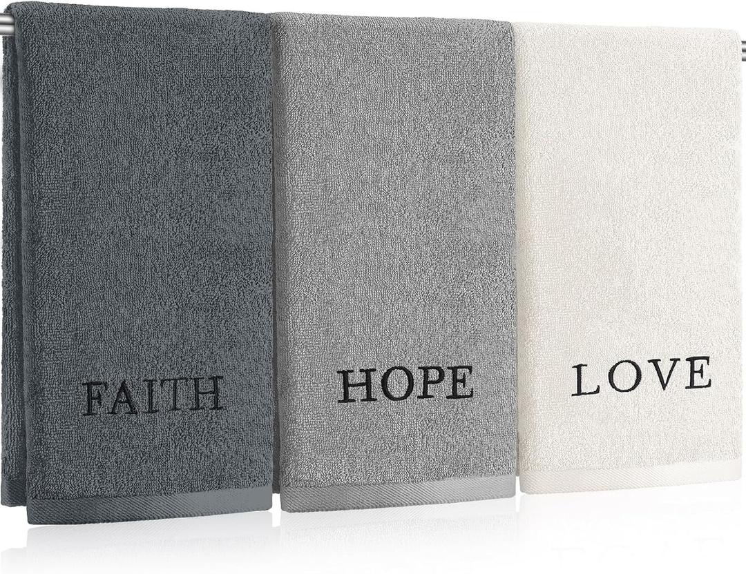 FuWeave 3 Pcs Farmhouse Decorative Hand Towels for Bathroom and Kitchen Rustic Embroidered Cotton Hand Towels Decorative Set for Boho Bathroom Decor(Gray,Faith Hope Love)