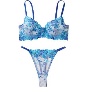 Lilosy Sexy Floral Embroidered Mesh Women Underwire Push Up Lingerie Set (Medium, Blue)