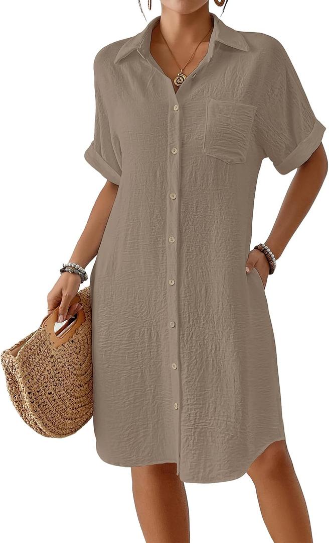 Bsubseach Womens Swimsuit Coverup Long Button Down Bathing Suit Cover Ups Short Sleeve Summer Beach Shirt Dress with Pockets Light Coffee XXL