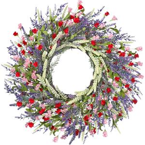 LZNPA 26 Inch Large Lavender Wreath for Front Door Greenery Summer Spring Wreaths for Front Door Wreaths for Front Door All Seasons for Wedding Farmhouse Wall Porch Window Decor(Red Pink Lavender)