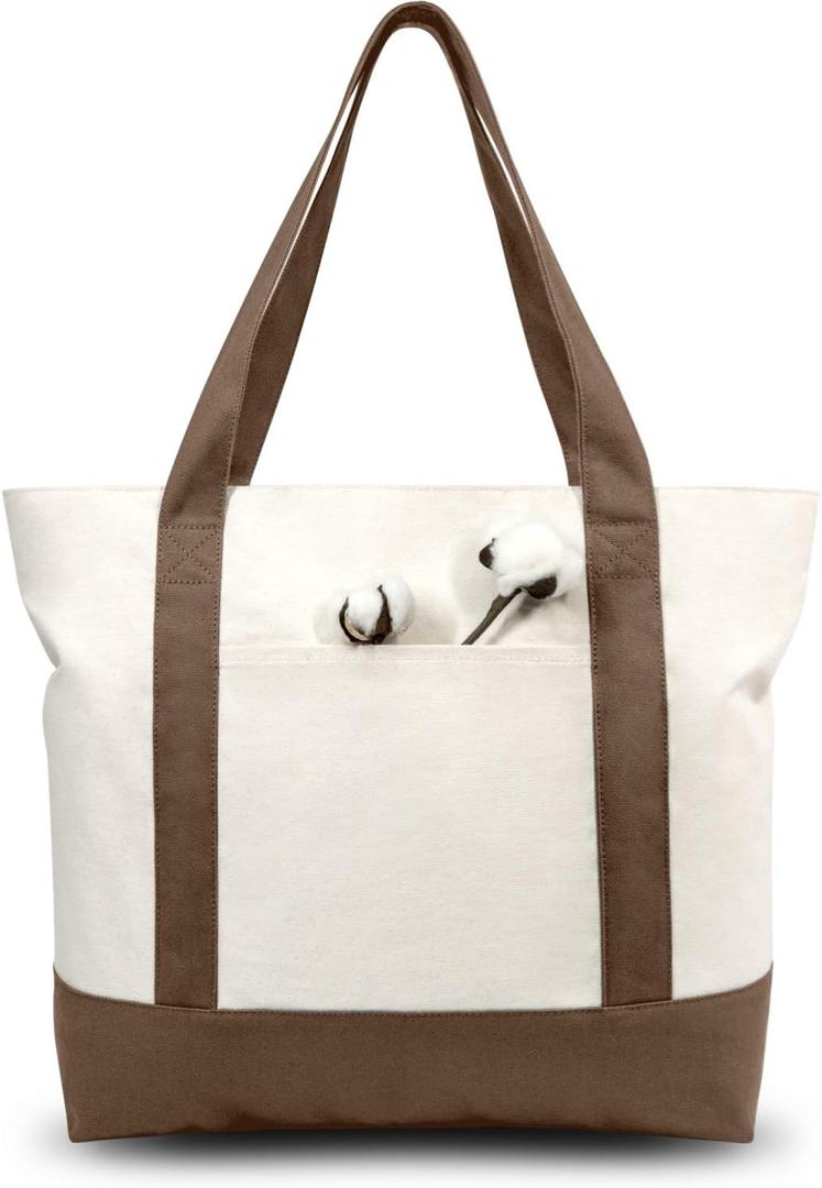 TOPDesign 1-Pack Canvas Tote Bag with an External Pocket, Reusable Grocery Shopping Bag, Top Zipper Closure, Daily Essentials (Brown/Natural)
