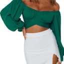 LYANER Women's Cute Off Shoulder Long Sleeve Self Tie Knot Crop Tube Top Blouse (Large, Dark Green-1)