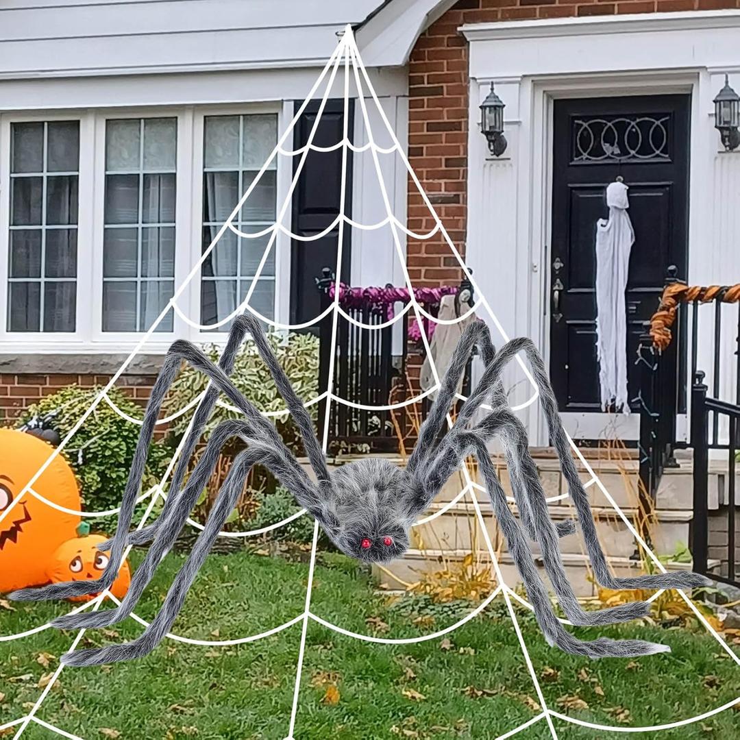 200" Halloween Spider Web + 59" Giant Spider Decorations Halloween Decorations Yard Home Parties Costumes Haunted House Dcor Fake Spider with Triangular Huge Spider Web for Indoor Outdoor (Grayish white)