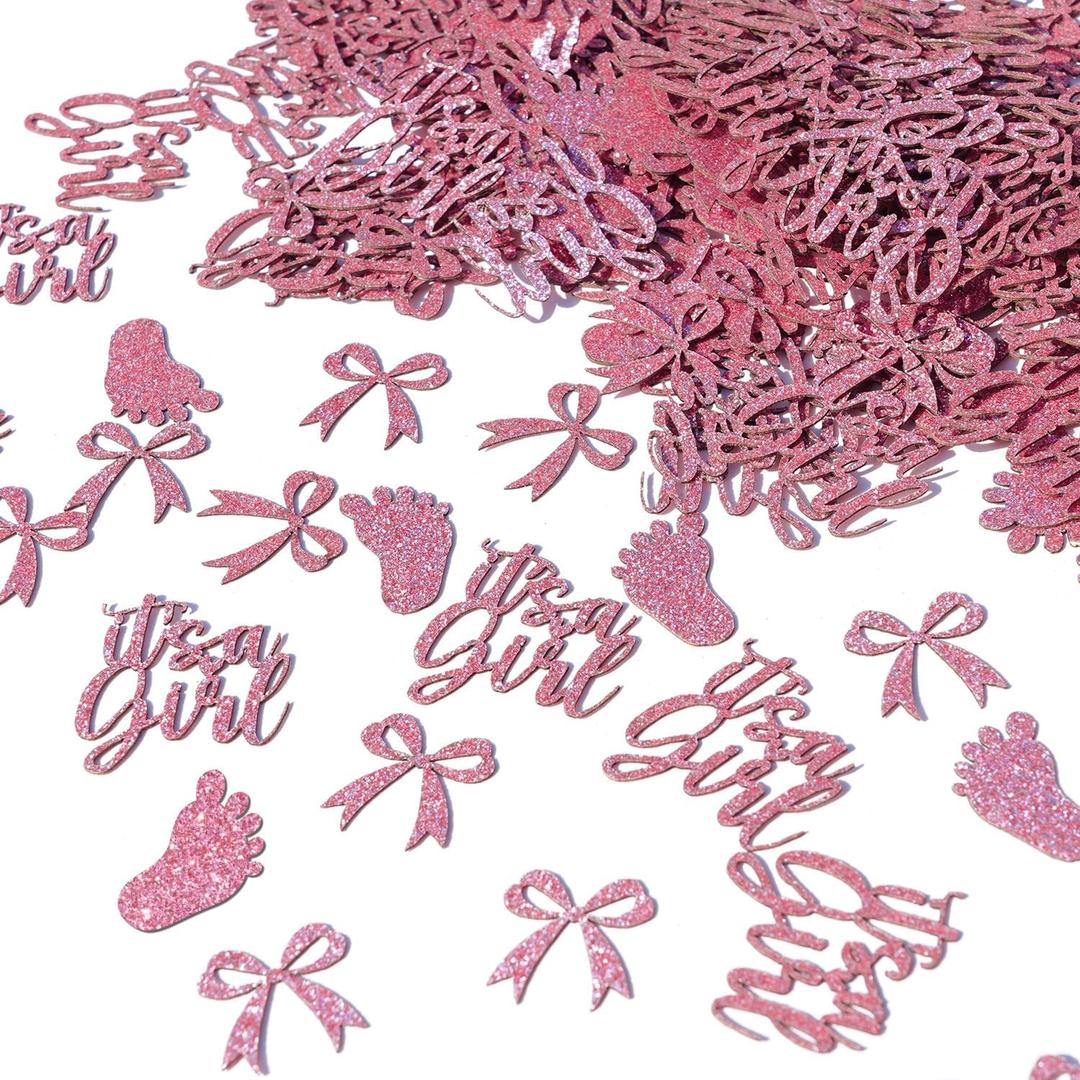 200Pcs It's a Girl Confetti, Pink Baby Shower Table Scatters, Bow Girls Baby Shower Gender Reveal Birthday Party Table Confetti Decorations