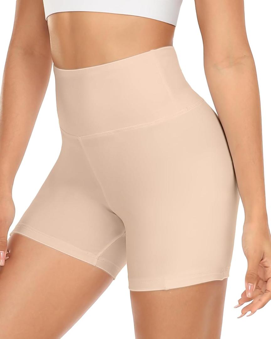 MOREFEEL High Waisted Biker Shorts for Women -3'' / 5'' Tummy Control Butt Lifting Gym Workout Athletic Shorts Yoga Pants (Small-Medium, 03-light Beige-5 Inch)