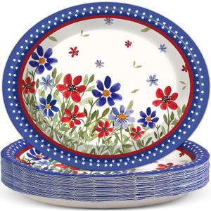 50 Pcs 4th of July Poppy Flower Oval Paper Plates Fourth of July Party Supplies Summer Floral Independence Day American Disposable Plates Patriotic Decorations for Labor Memorial Day