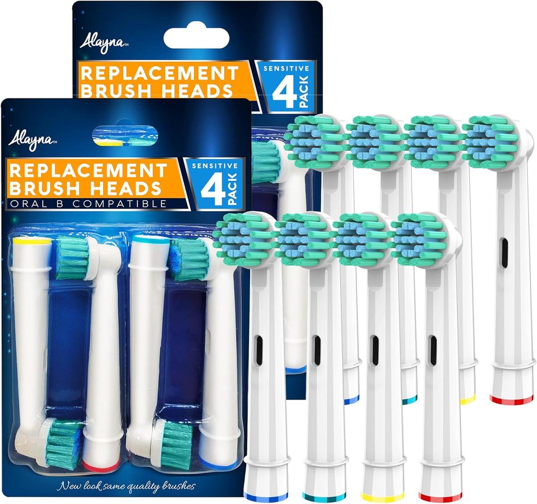 Replacement Brush Heads Compatible with Oral B- Sensitive Gum Care Electric Toothbrush Heads - Pk of 8 Generic Sensitive Brushes- Fits Oral-b Braun 7000, Pro 1000, 9600, 500, 3000, 8000 Clean (White)