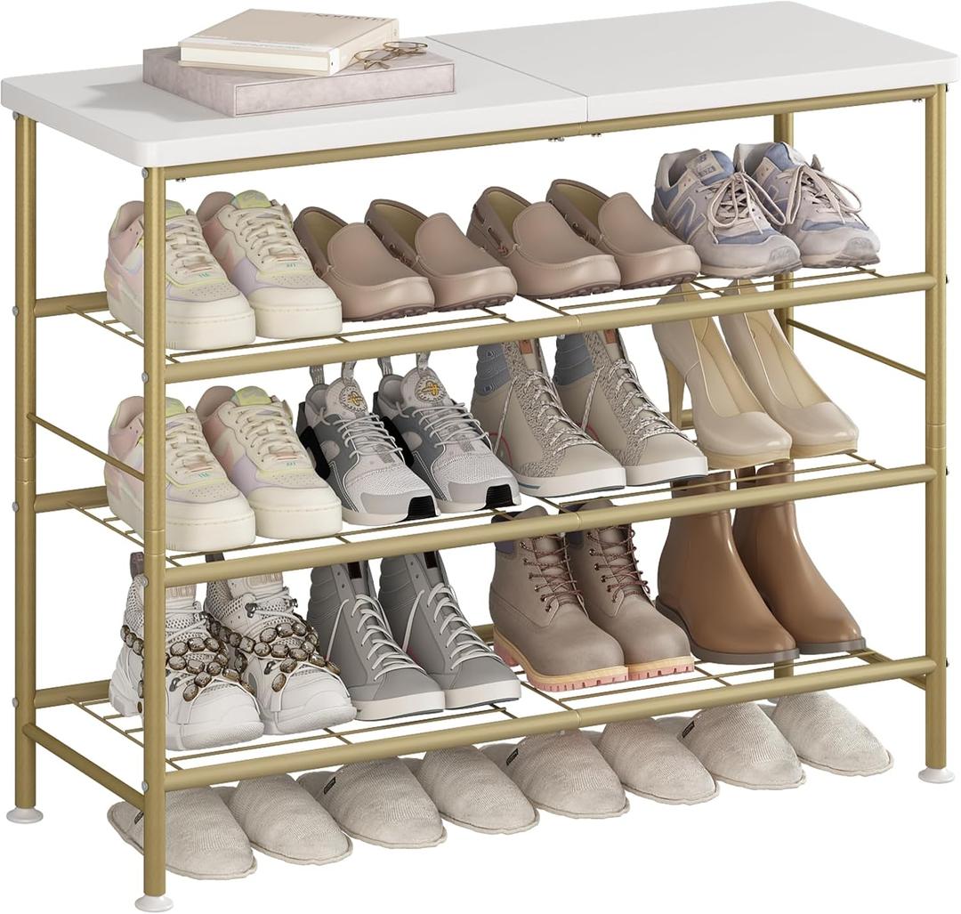 Shoe Rack Organizer 4 Tier for Closet Entryway Free Standing Metal Storage Shoe Shelf with MDF Top BoardGold