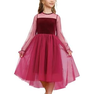 CHILDRENSTAR Mesh Long Sleeves Dress for Girls Fall Winter Burgundy Red Xmas Holiday Dresses Velvet Size 12-14