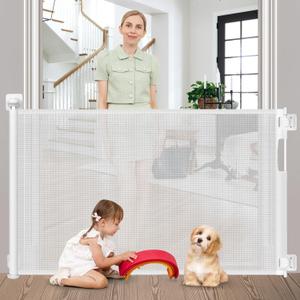 No Drill Retractable Baby Gate for Stairs 59" Wide, Punch Free Dog Gate Indoor 33" Tall, Retractable Pet Gates for Doorways No Drilling Mesh Baby Gate Puppy Gates for The House, White