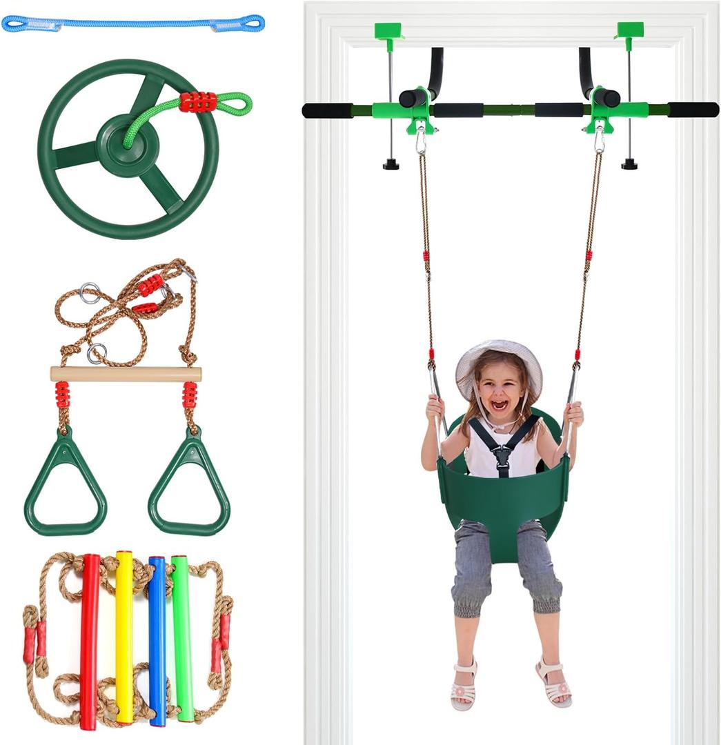Doorway Swing for Kids & Door Pull Up Bar for Adults, Indoor Kid Swing with 4 Accessories, Multi-Function Doorway Gym, Fits Door Frame 24.41-30.51'' W x 3.94-6.69'' Thickness (Dark green)