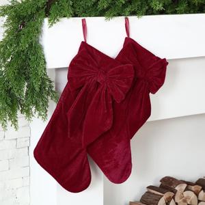 Seematn 2 Pack Bow Christmas Stockings, 18 Inches Burgundy Red Velvet Christmas Stocking Coquette Luxury Xmas Hanging Socks Decoration for Tree Fireplace Mantel Party Elegant Holiday Decor
