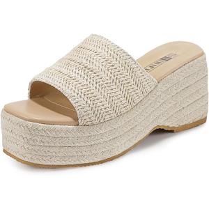 IDIFU IN3 Platform Espadrille Wedge Sandals for Women Square Open Toe Slip On Wedge Shoes Dressy Low Chunky Heeled Sandal Comfortable Casual Trendy Summer Beach Walking Vacation Slide Women Sandals (8.5, Apricot)