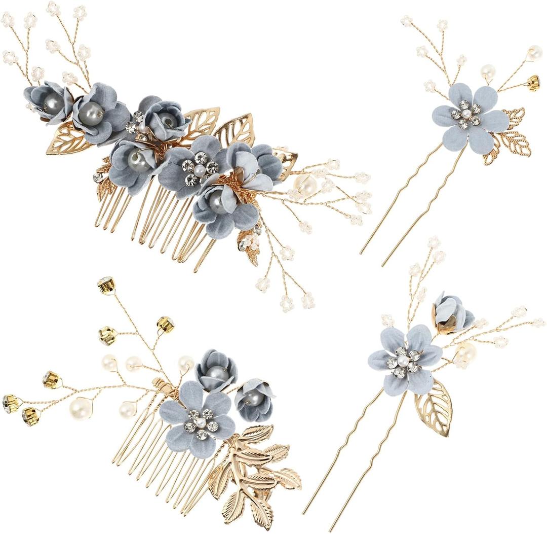 NUOBESTY 4Pcs Wedding Hair Clip Comb Handmade Bridal Hair Clip Pearl Floral Leaf Hair Accessories for Women Wedding (Blue)