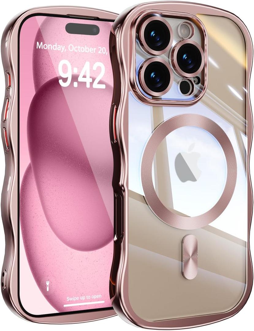 UEEBAI For iPhone 16 Pro Max Case, Cute Wave Frame Magnetic Phone Case Compatible with Magsafe Full Camera Protection Cover Soft Electroplated Phone Cover for Women Girls - Pink