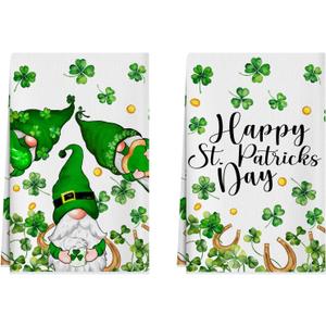 XCHI Gnomes Green Shamrocks Clovers Horseshoes St. Patrick's Day Kitchen Towels Dish Towels 18x26 Inch Home Kitchen Decorations Hand Towels Set of 2 Drying Dishcloth