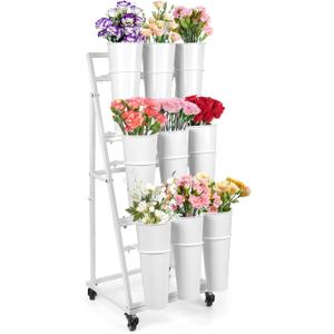 Flower Display Stand With 9 Buckets,Flower Bar with Wheels,Flower Cart Display Stand for Florist Garden Wedding Home Decor (White)