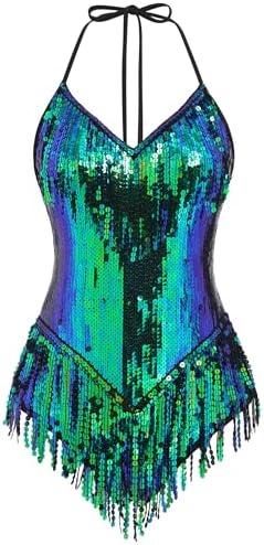 IBAKOM Sexy Sequins Fringe Bodysuit Halter Lace Up Back Jazz Latin Dance Tassel Leotard Acrobat Costume Rave Concert Outfits , Size small