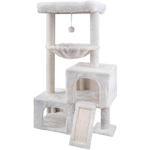 AIWIKIDE 37.4" Cat Tree Tower with Twin Cat Condos for Indoor Cats, All-in-One Activity Center with Cat Scratching Post Cozy Sleeping Perch Hammock and Toy Balls,Beige