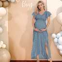 Floral Print V Neck Maternity Dress Boho Baby Shower Photoshoot Smocked Flutter Sleeve Split A Line Dress (Blue, S)