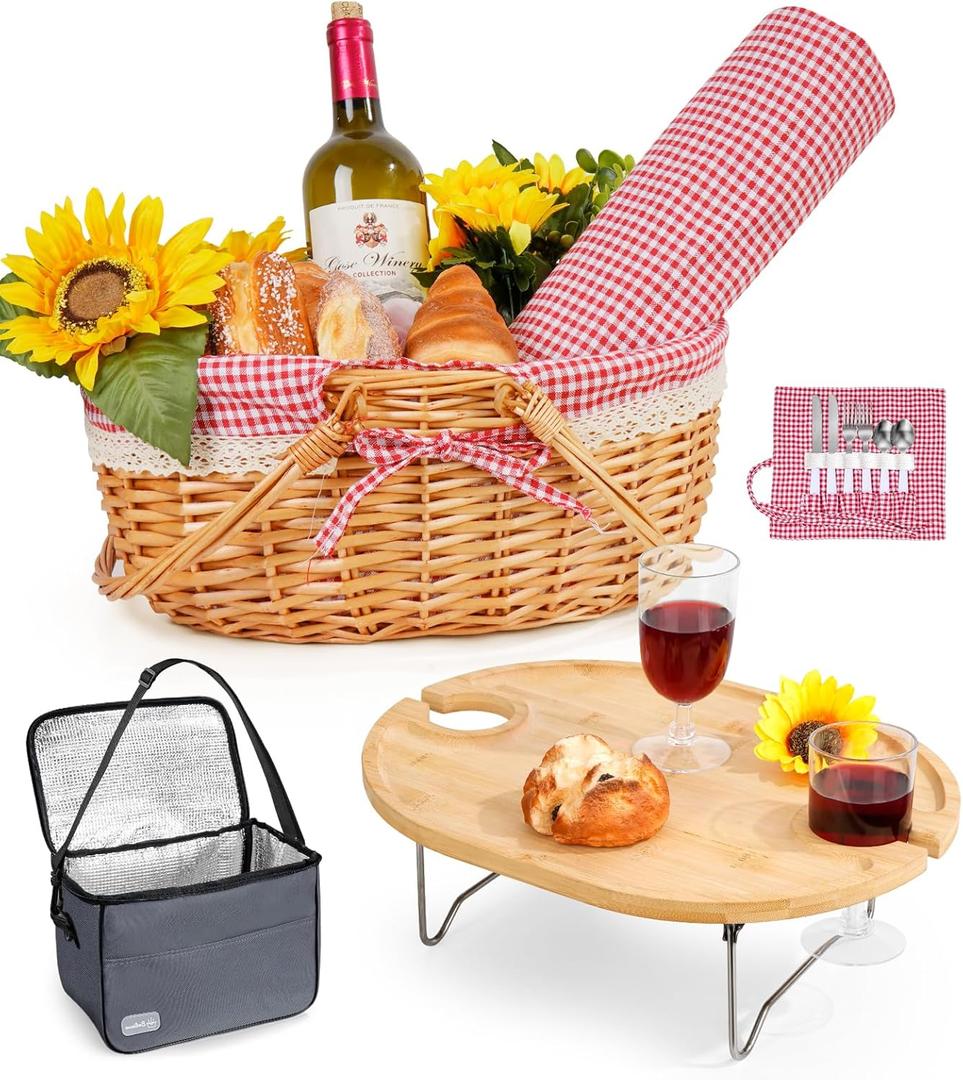 Picnic Basket for 2 with Table and Blanket Collapsible Cooler Bag Insulated Picnic Set for Beach Picnic Hamper Picnic Date Essentials for Outdoor Picnic Accessories Wedding Gift/Bridal Shower Gift (Red and White Lining)