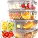 5-Pack Glass Storage Containers,Glass Food Container with Lid,Lunch Box,Bento Box,Storage Box,Meal Prep Containers,Lunch Containers,Fruit Preservation Boxes,Three-partition-Light Gray (3 Compartment)