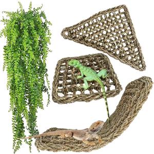 Reptile Hammock,Large Lizard Lounger,Bearded Dragon Tank Accessories Natural Seagrass Hammocks Hanging Flexible Climbing Vines Decoration for Gecko Snakes Chameleon (4 PCS)