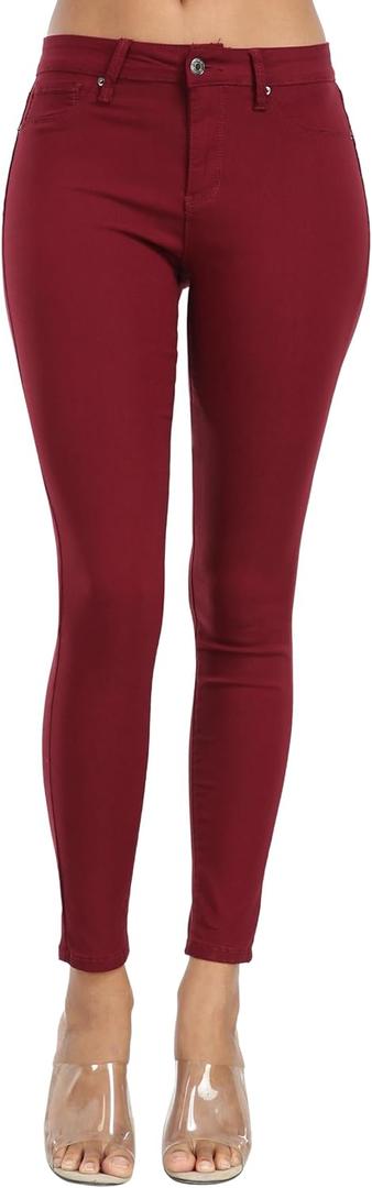 WAYRUNZ Womens Hyper Ultra Stretch Comfy Pants Colored Mid-Rise Skinny Jean Juniors Jegging (10, 026-wine Red)