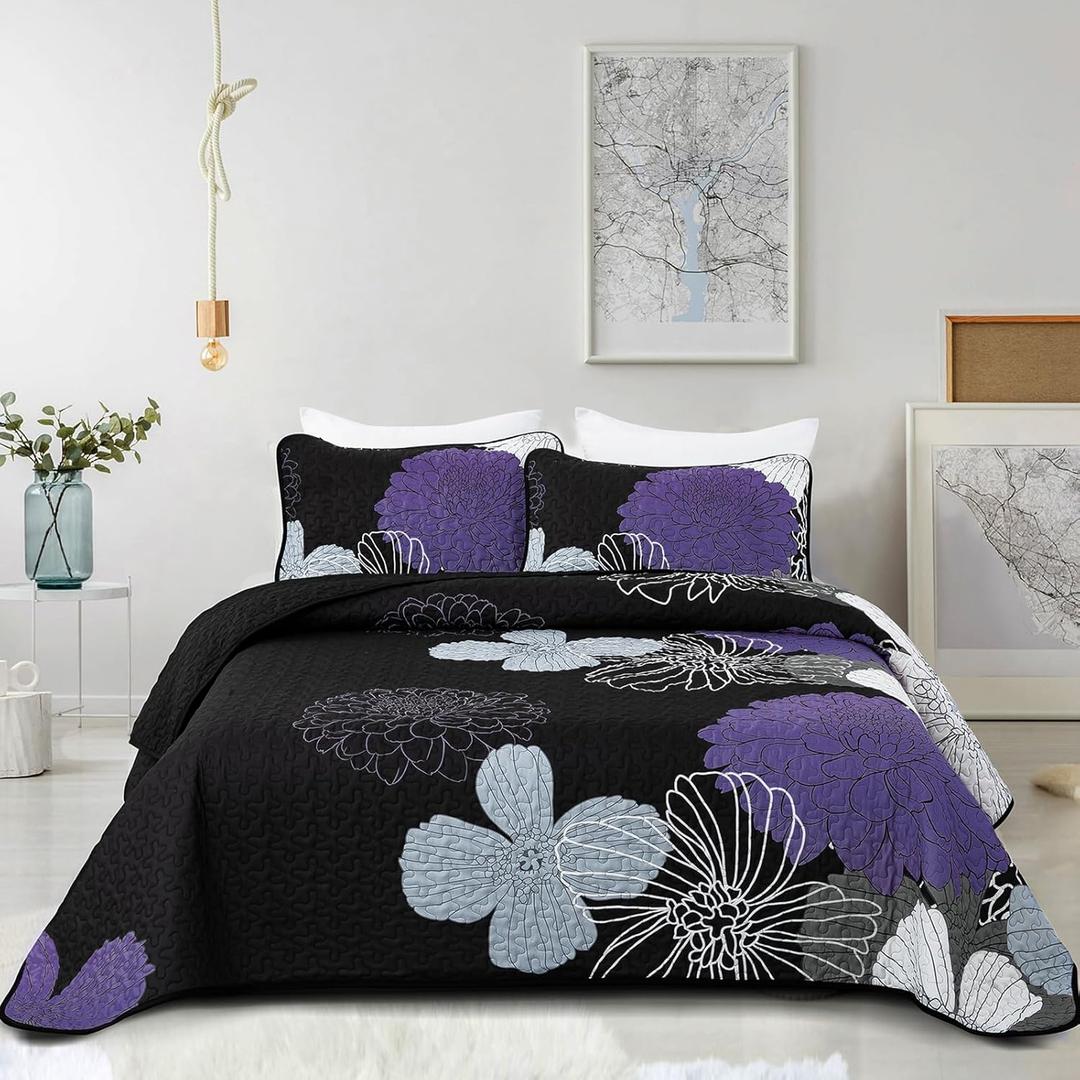 Purple Floral Quilt Set Queen Size - 3 Pieces Purple Flower Pattern Coverlet Set, Soft Microfiber Lightweight Quilted Bedspread for All Season with 2 Pillowcases All Seasons Bed Cover Set 96"x90"