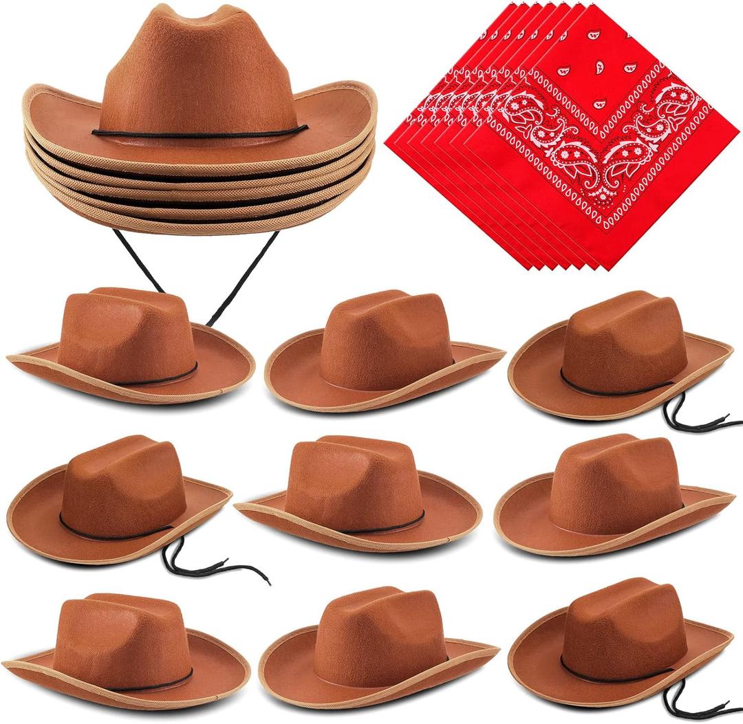 Funtery 10 Sets Kids Cowboy Hat and Red Bandanna for Age 3-10 Toddler Cowboy Hat for Boys Girls Birthday Cosplay Party Favors