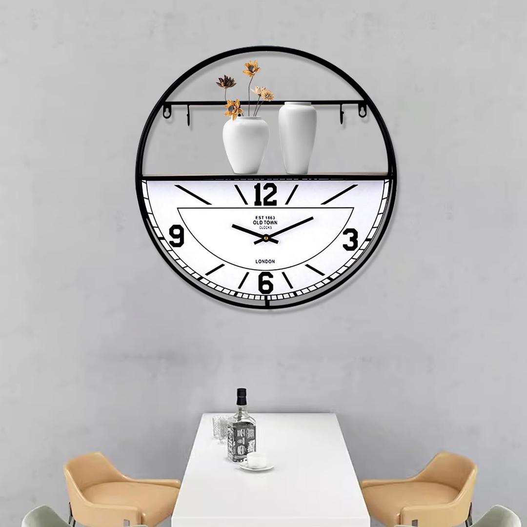 Large Wall Clock,Decorative Metal Wall Clocks with Storage Rack and Hooks Large Wall Clock,Decorative Metal Wall Clocks with Storage Rack and Hooks