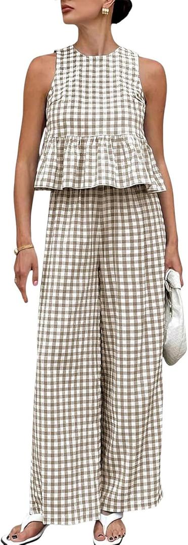 Womens Gingham 2 Piece Set Sleeveless Ruffle Tank Wide Leg Pants (Beige, M)