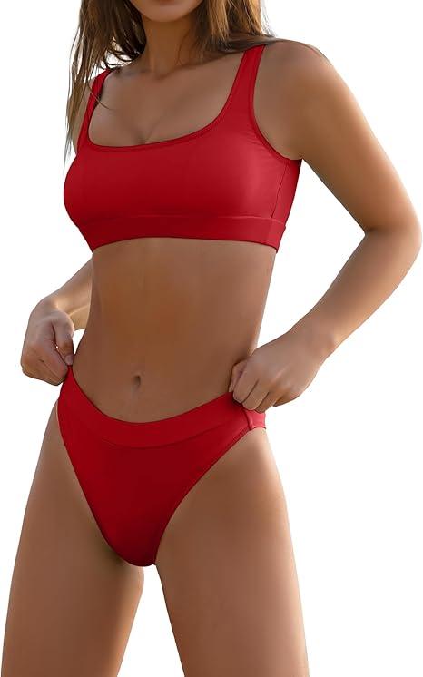 KerryKreey Two Piece Swimsuit for Women Push Up Bikini Top Tummy Control Bathing Suit High Cut Mid Rise Sporty Swimwear Teens, Red, M