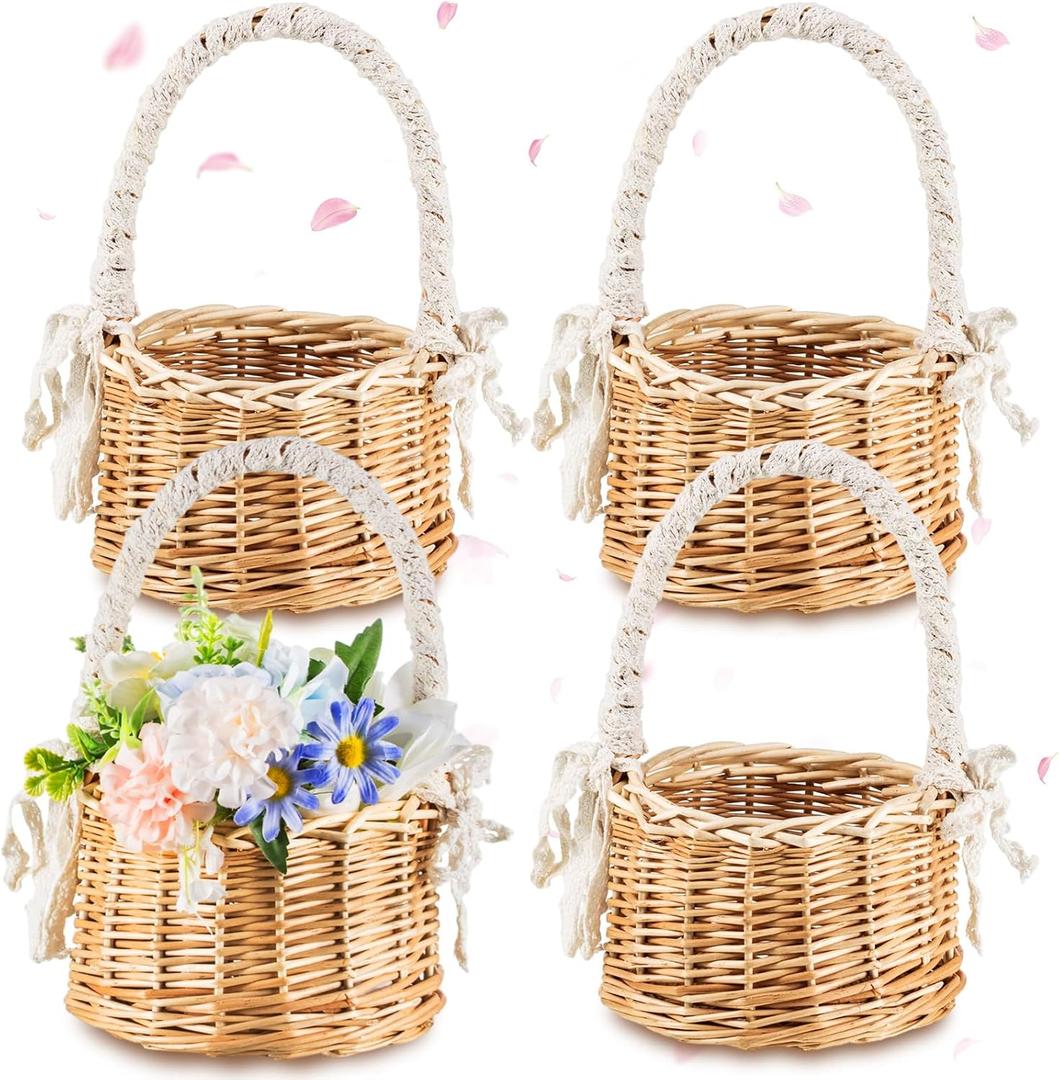 Thyle 4 Pcs Flower Girl Baskets with Handle, 7.87 x 4.33 Inch, Wicker Rattan, Lightweight, Brown (White Lace)