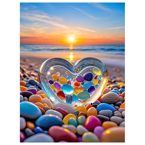 Pack of 2 NPCSWXQ Beach Love Diamond Art Kits for Adults, Sea Love Heart Stone 5D Diamond Dots Kits for Adults Beginners, DIY Full Drill Paint with Kits Diamond Art Painting Gem Home Wall Decor Gift 12x16Inch