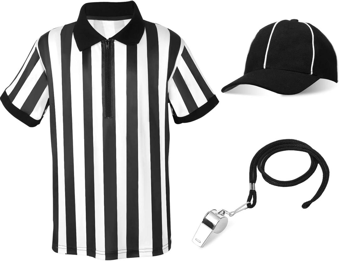 Halloween Kids Referee Costume Set White Black Stripe Umpire Jersey Overturned Collar Referee Shirt Stainless Steel Whistle with Lanyard Hat for Basketball Football Soccer (X-Large)