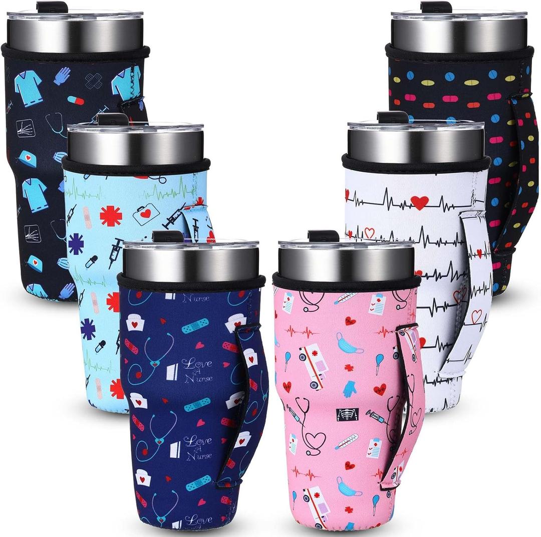 Chengu 6 Pcs Nurses Appreciation Gifts Reusable Iced Coffee Cup Sleeve Insulated Sleeves Tumbler Cup Drinks Sleeve Holder with Handle for Nurse Birthday Graduation 30 oz Cold Hot Beverages Without Cup