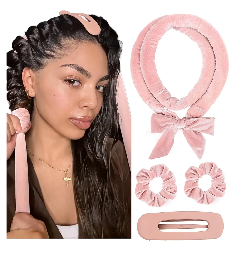 Yanibest Heatless Hair Curler, No Heat Hair Curlers to Sleep in, Super Soft Ribbon Wrap for Long Hair, Overnight Heatless Curling Set with Scrunchies and Clip, for All Hair types(Pink)