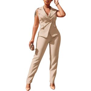 Women's Business Blazer Suit Ruffles Sleeveless Solid Two Piece Pant Set Professional Work Outfit for Office