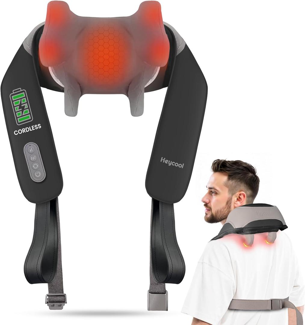Heycool Cordless Neck Massager with Heat, Shiatsu Neck Shoulder Massager for Pain Relief Deep Tissue, 2 Heating Areas, 3 Modes Kneading Back Massager Presents/Gifts for Women, Men