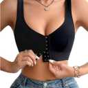 Verdusa Women's Front Closure Bra V Neck Unpadded Wireless Bra (Black, M)