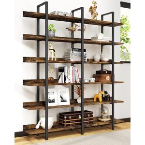 Bookshelf, 82.7" Double Wide 6 Tier Industrial Wooden Bookcase Large Wall Etagere Rustic Vintage Tall Book Shelf with Metal Frame Open Storage Rack for Living Room Home Office