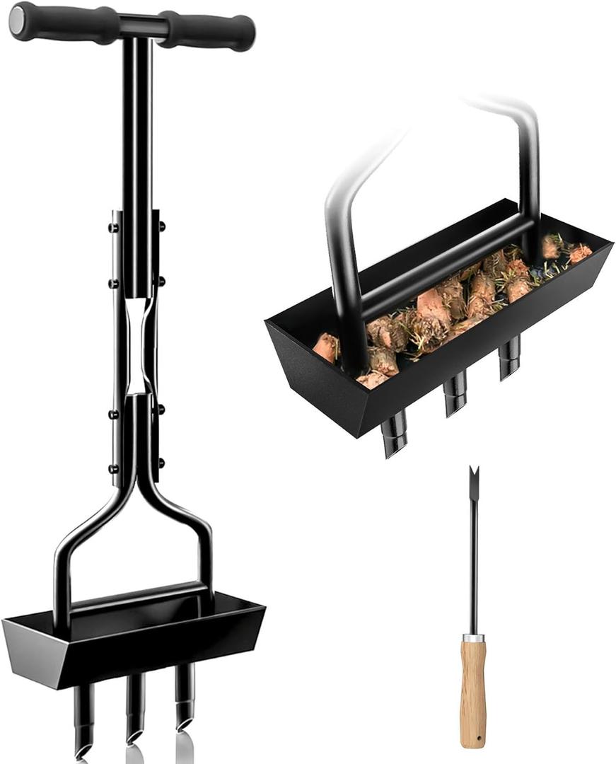 Lawn Aerator Garden Tool with Soil Core Tray, 38 Manual Grass Plug Aerators & A Cleaning Tool, Coring Aeration Tools with 3 Tines for Gardening, Soil Compaction, Lawn Yard Care, Patented Black