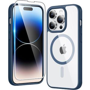 FNTCASE for iPhone 14 Pro Case: Clear Magnetic Phone Cases with Screen Protector Compatible with Magsafe Slim Anti Yellowing Rugged Shockproof Protective Transparent Cell Phone Cover (Blue)