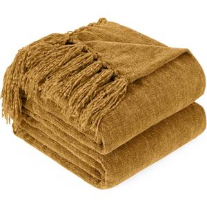Chenille Throw Blanket for Couch with Tassels,50"X60" Soft Cozy Lightweight Knitted Boho Decorative Blankets for Bed and Sofa,Yellow
