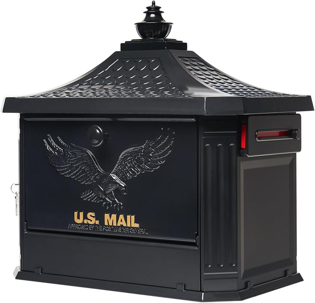 Architectural Mailboxes Hamilton Secure, Locking USPS Approved Heavy Duty, Cast Aluminum Metal Post Mounted Mail Box for Outside, Black Large Curbside Mailbox with Magnetic, Lockable Double Doors