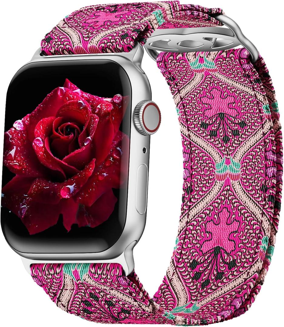 Compatible with Apple Watch Band for Women, Boho Fancy Nylon Band for Iphone Watch, Floar Hook Loop Bands for Women for iWatch, 42/43/44/45/46mm, Bohemia Pink Wind Chime 